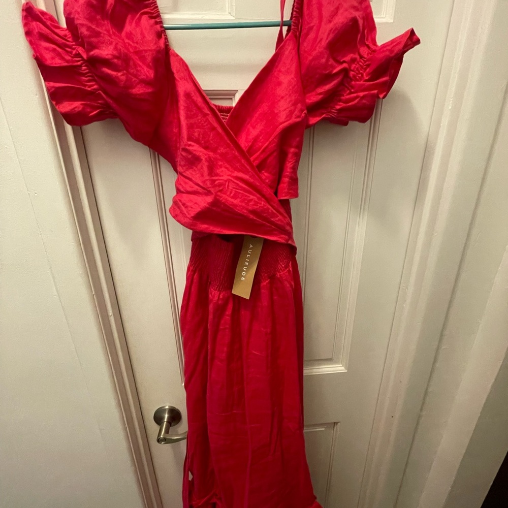 NWT Aulieude Hot Pink Reversible Marianne Cutout/Wrap/Shirred Dress - Picture 7 of 16